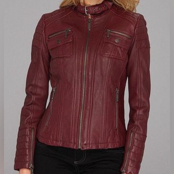Michael Kors Burgundy Red Lambskin Leather Moto Jacket sz S *Flawed - Picture 1 of 8